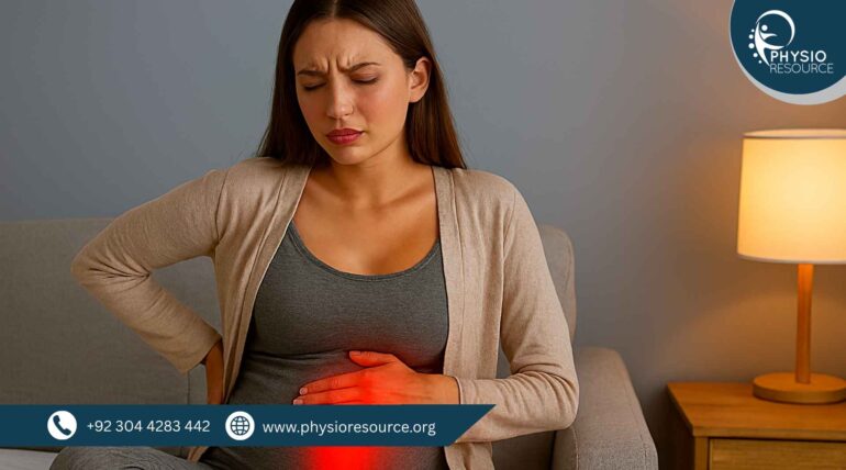 Young pregnant woman seated on a sofa in a softly lit bedroom, gently pressing her lower abdomen and back with red glow indicating early pregnancy pain areas.