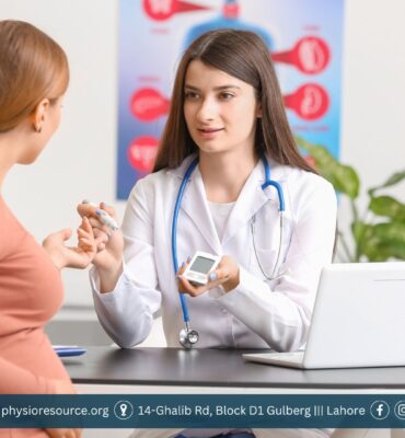 Pregnant woman consulting with doctor while reviewing blood sugar levels, highlighting concerns of maternal diabetes and autism risk