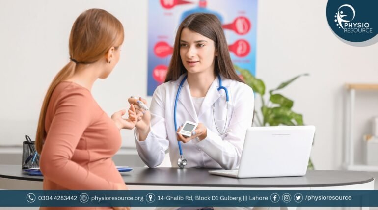 Pregnant woman consulting with doctor while reviewing blood sugar levels, highlighting concerns of maternal diabetes and autism risk
