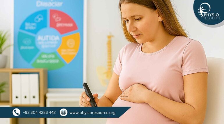 “Pregnant woman in a light pink shirt checking her blood sugar level with a glucose meter, seated in a medical setting with an autism awareness chart and spine model visible in the background.”