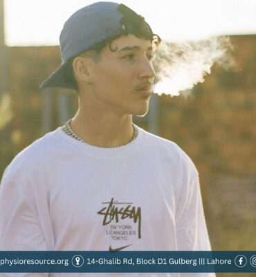 A teenager is vaping, surrounded by warning symbols indicating health risks