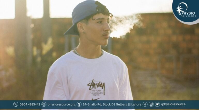 A teenager is vaping, surrounded by warning symbols indicating health risks