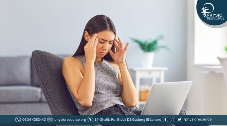 Young woman holding her head in pain, with one side highlighted to depict migraine symptoms
