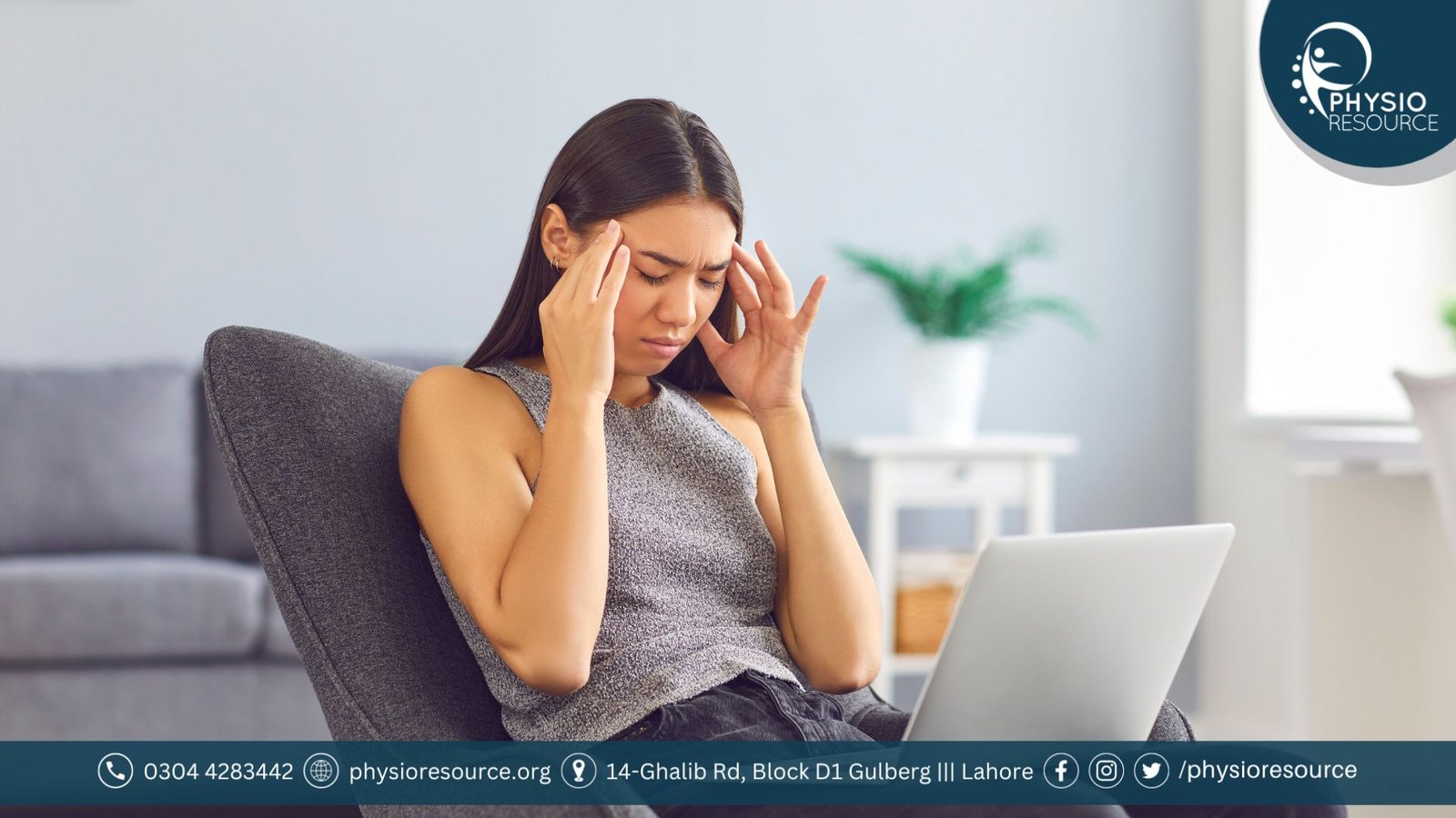 Young woman holding her head in pain, with one side highlighted to depict migraine symptoms