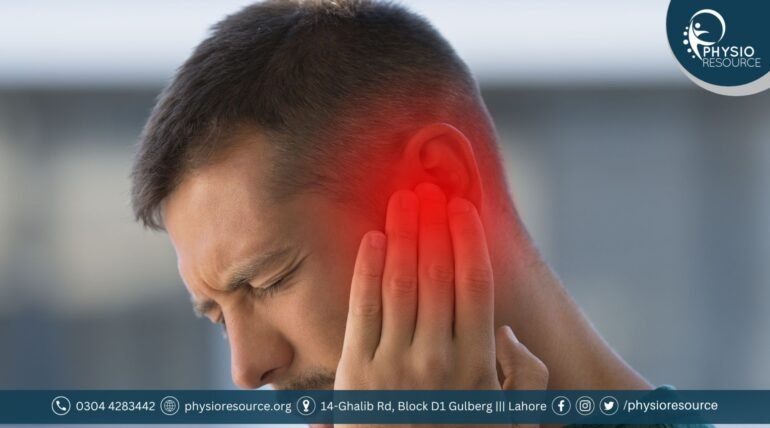 Close-up of a man covering his ear with a pained expression, symbolizing tinnitus or ringing in the ear