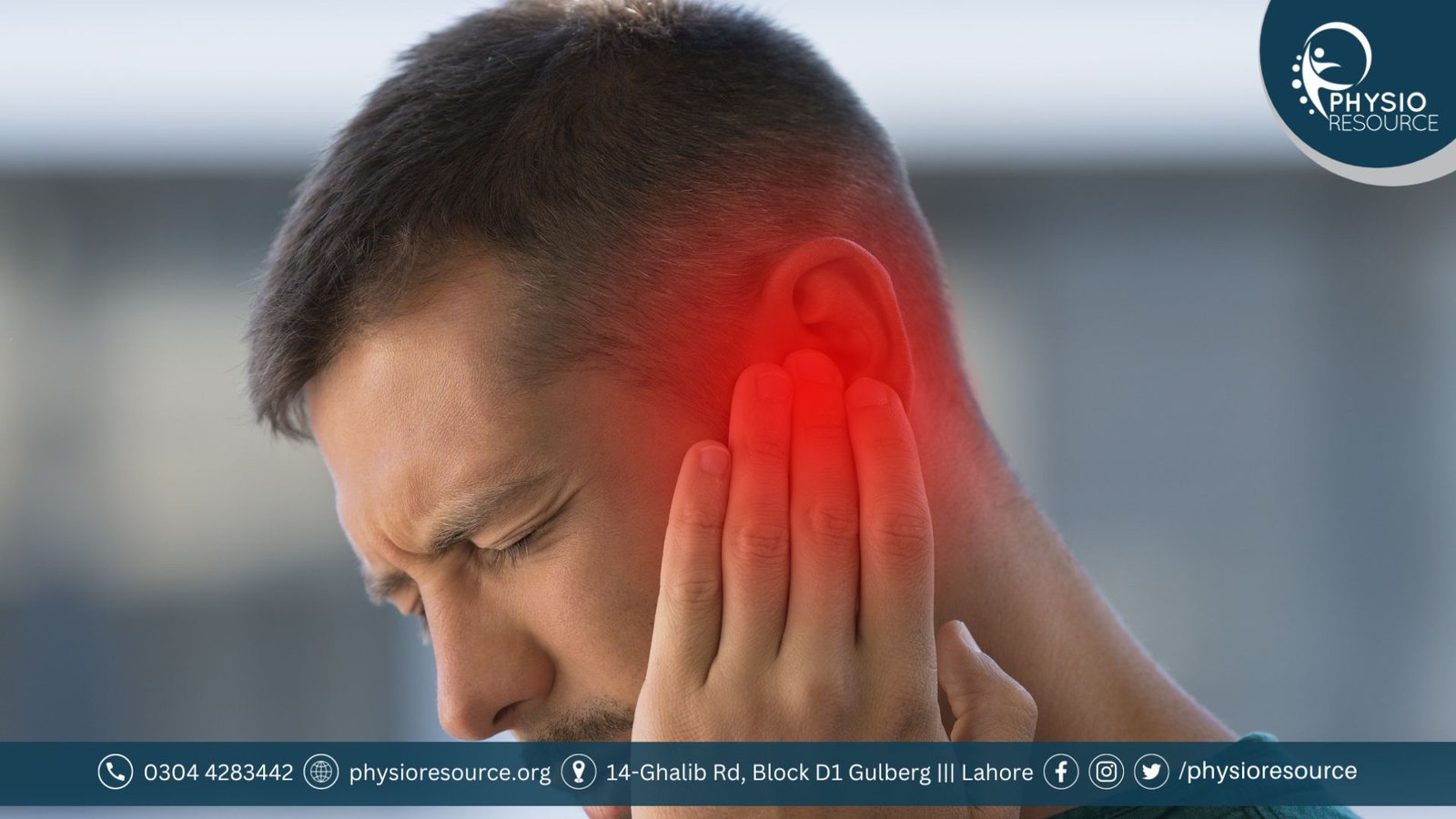 Close-up of a man covering his ear with a pained expression, symbolizing tinnitus or ringing in the ear