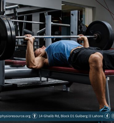 Man performing bench press with barbell in a gym, targeting chest muscles for strength and growth