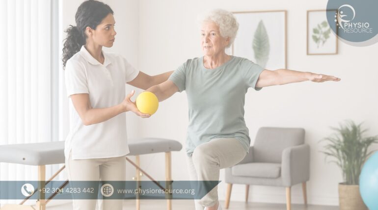 Physiotherapy session for balance and coordination issues, showing an elderly woman performing guided exercises with a therapist in a modern clinic setting.
