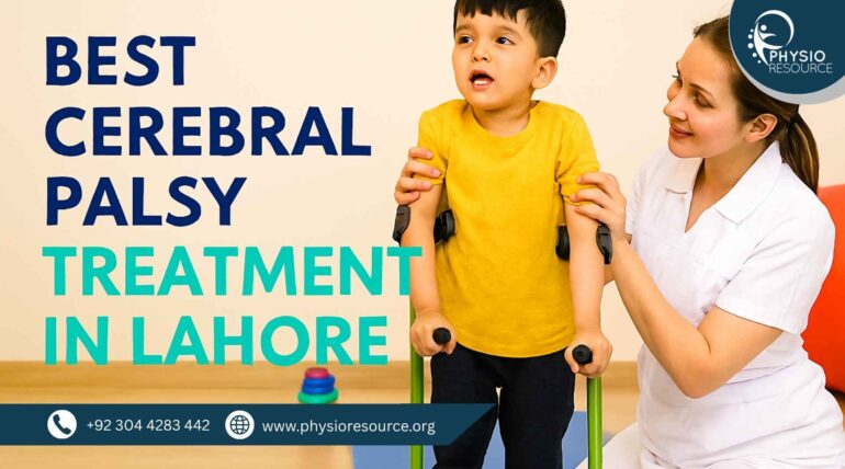 A young Pakistani child with cerebral palsy walks between parallel bars during physiotherapy, assisted by a female therapist in a white uniform. Colorful cones are visible in the background.