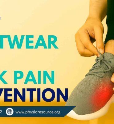 A Pakistani male patient ties the laces of a gray athletic shoe while seated on a bench. A female physiotherapist points to the heel area, which is highlighted in red to indicate discomfort. The text uses both brand colors: navy blue and turquoise.