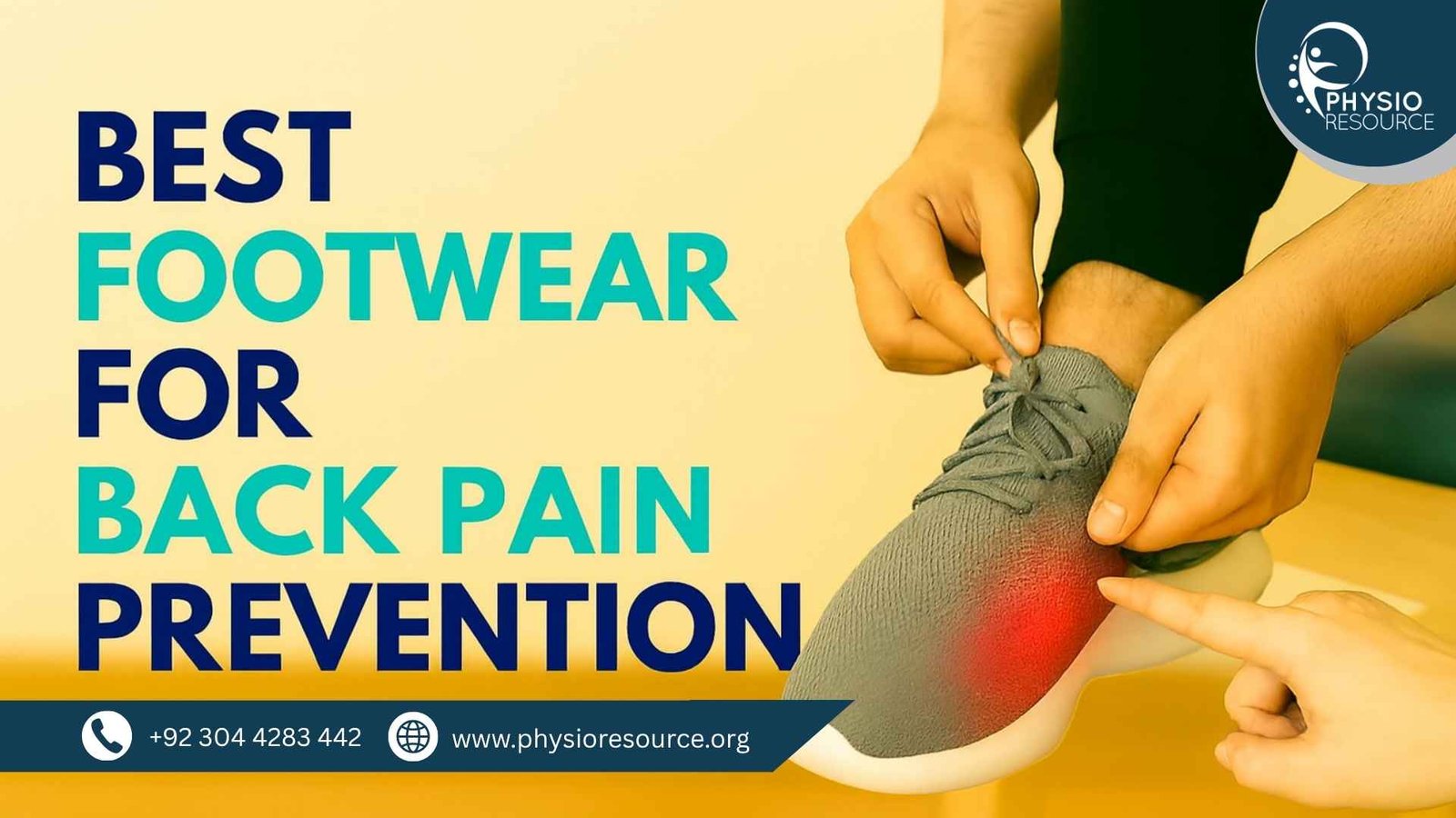 A Pakistani male patient ties the laces of a gray athletic shoe while seated on a bench. A female physiotherapist points to the heel area, which is highlighted in red to indicate discomfort. The text uses both brand colors: navy blue and turquoise.