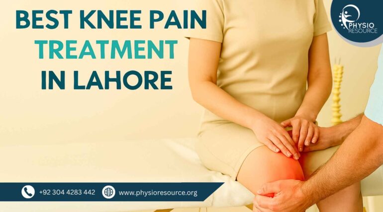 “A physiotherapist treating a patient’s painful knee in a clinical setting. The patient is seated on a treatment table, with the knee highlighted in red to indicate pain. Text in dark teal and teal reads: Best Knee Pain Treatment in Lahore.”