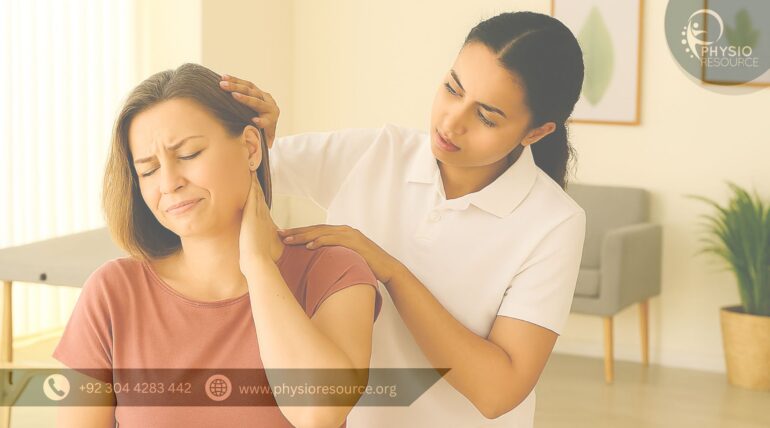 Female physiotherapist supporting a female patient during neck pain treatment in a modern clinic, focusing on safe, hands-on care.