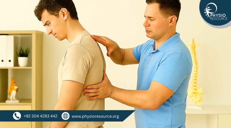 “Male physiotherapist in a blue polo shirt assessing the upper back and shoulders of a male patient in a beige shirt during a posture correction session, with a spine model and shelves in the clinical background.”