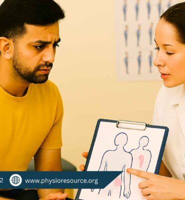 A Pakistani male patient sits on a treatment table, looking concerned as a female physiotherapist explains a root-cause diagram on a clipboard. The clinic setting includes a posture chart and resistance bands in the background.