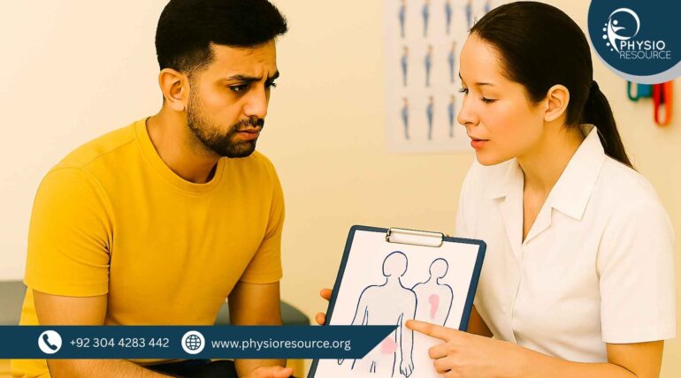 A Pakistani male patient sits on a treatment table, looking concerned as a female physiotherapist explains a root-cause diagram on a clipboard. The clinic setting includes a posture chart and resistance bands in the background.
