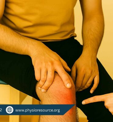 Close-up of a Pakistani male patient seated on a treatment table, pointing to a reddened area on his lower leg while a female physiotherapist gestures toward the same spot.
