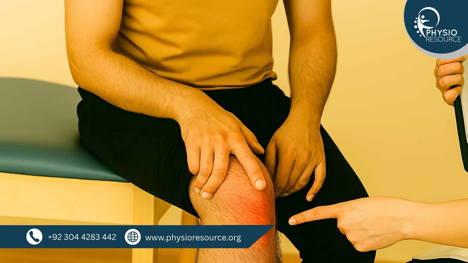 Close-up of a Pakistani male patient seated on a treatment table, pointing to a reddened area on his lower leg while a female physiotherapist gestures toward the same spot.