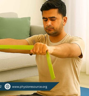 “Pakistani man sitting on a yoga mat at home, performing a resistance band exercise for posture correction, with a sofa, pillow, and natural light in the background.”