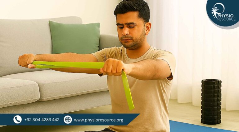 “Pakistani man sitting on a yoga mat at home, performing a resistance band exercise for posture correction, with a sofa, pillow, and natural light in the background.”