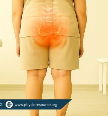 “Person standing barefoot with visibly flat feet in a clinical setting, with a glowing spine illustration highlighting the lower back to show the connection between flat feet and back pain.”