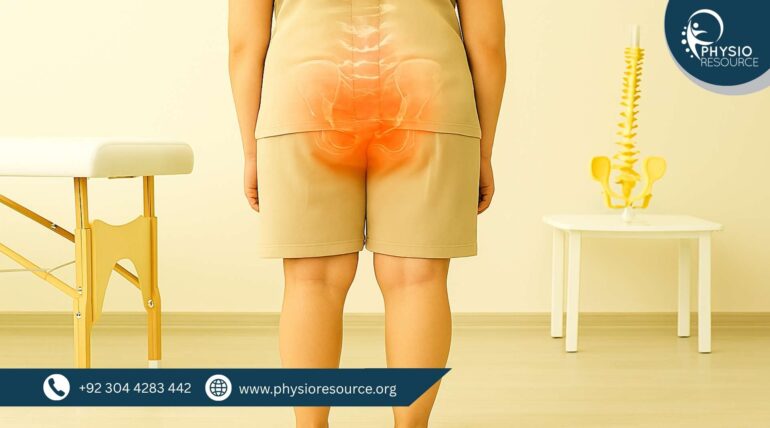 “Person standing barefoot with visibly flat feet in a clinical setting, with a glowing spine illustration highlighting the lower back to show the connection between flat feet and back pain.”