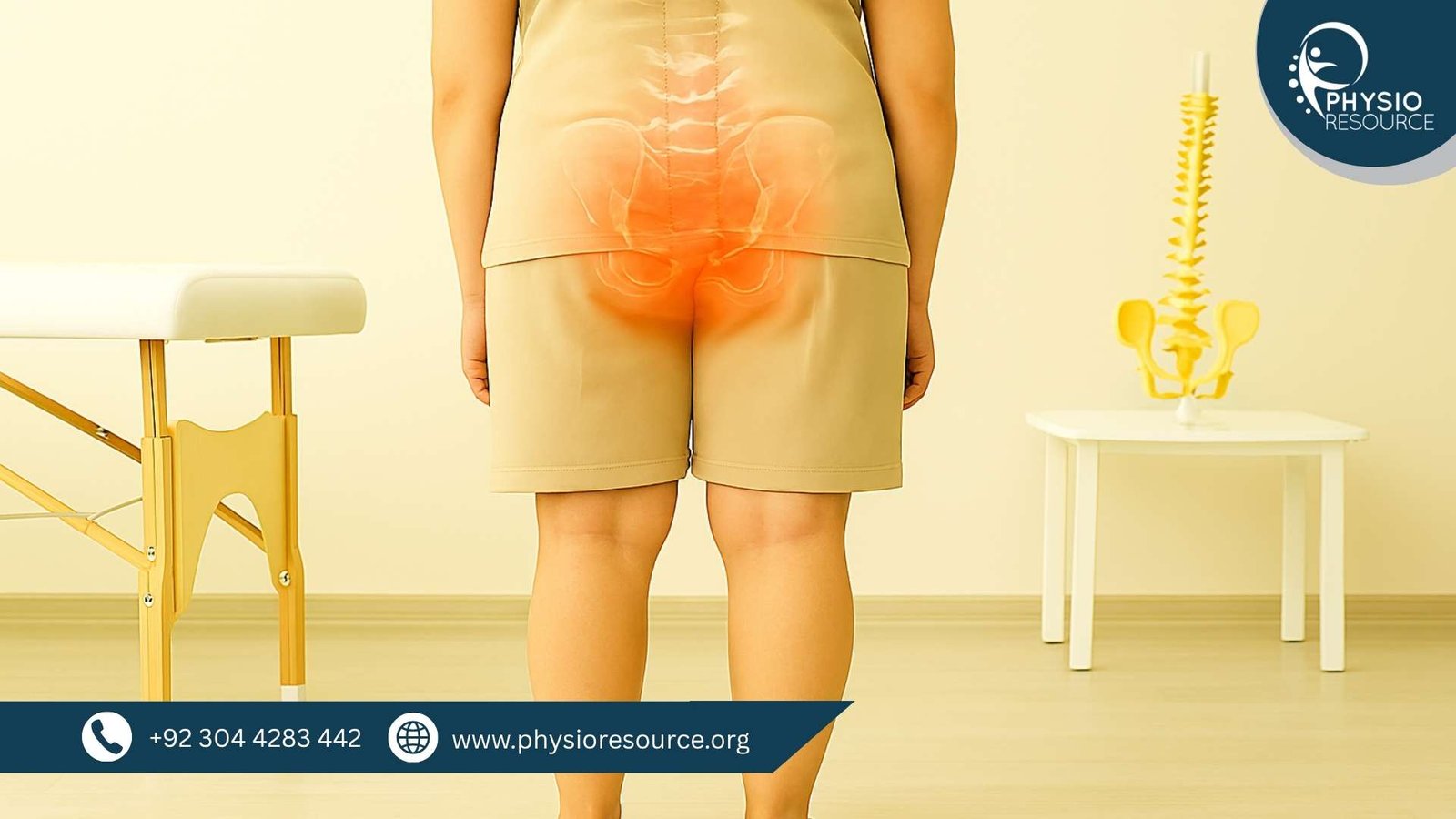 “Person standing barefoot with visibly flat feet in a clinical setting, with a glowing spine illustration highlighting the lower back to show the connection between flat feet and back pain.”