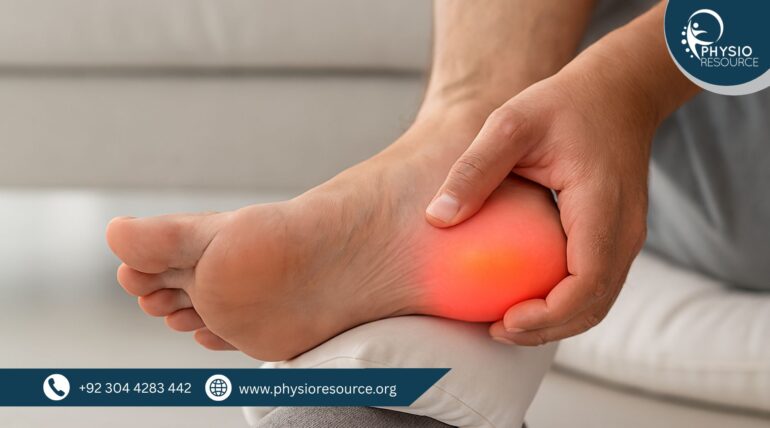 “Close-up of a person gently pressing their heel with a red glow indicating pain, seated in a softly lit room with neutral tones.”