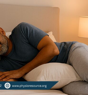 “Man sleeping on his side with a pillow between his knees in a softly lit bedroom, demonstrating proper posture to prevent back pain.”