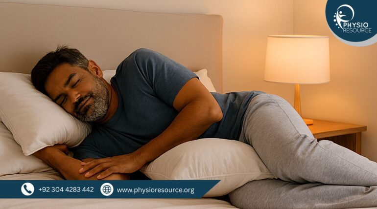 “Man sleeping on his side with a pillow between his knees in a softly lit bedroom, demonstrating proper posture to prevent back pain.”