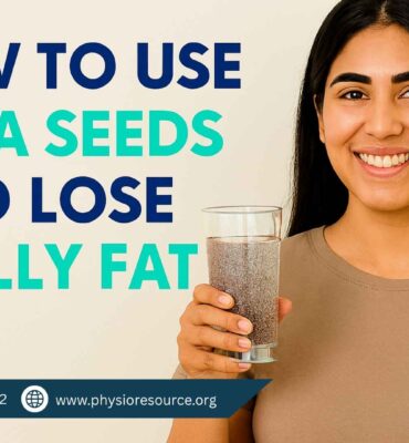 A smiling South Asian woman in a beige shirt holds a glass of hydrated chia seed water. Bold text beside her reads: How to Use Chia Seeds to Lose Belly Fat.