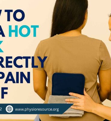 A Pakistani female patient gently presses a towel-wrapped hot pack against her wrist to test its temperature, while a female physiotherapist observes calmly in a softly lit clinic setting.