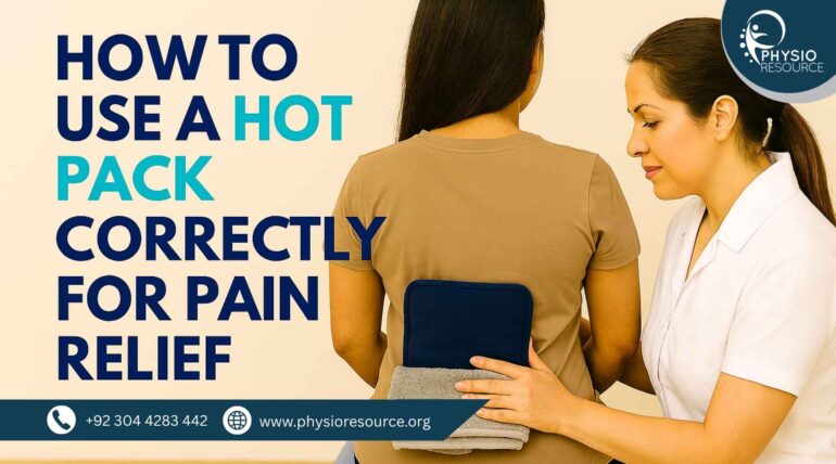 A Pakistani female patient gently presses a towel-wrapped hot pack against her wrist to test its temperature, while a female physiotherapist observes calmly in a softly lit clinic setting.