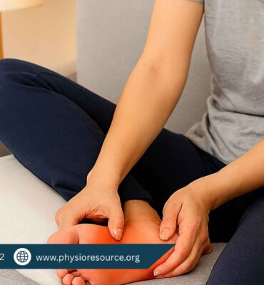 “Woman seated on a sofa with her swollen foot elevated on a pillow, gently pressing the inflamed area in a softly lit room.”