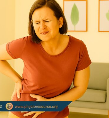 Middle-aged woman pressing her hip and abdomen in visible discomfort, standing in a bright, wellness-themed room with indoor plants and soft decor.