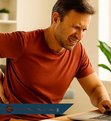 “Man experiencing back bone pain while working on a laptop, seated in a home office with poor posture and visible discomfort.”
