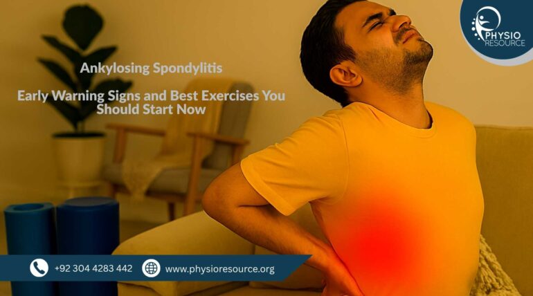 Pakistani male seated on a beige sofa, pressing his lower back with visible discomfort. A red glow highlights the pain zone. A yoga mat and foam roller are nearby in a warm, culturally authentic indoor setting.