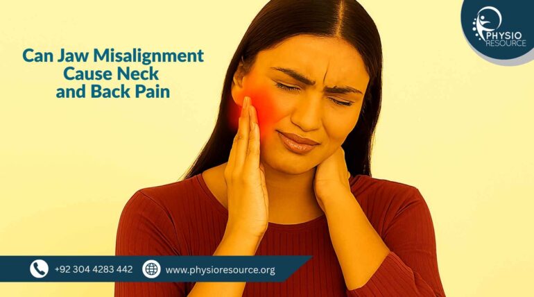 Pakistani woman pressing her jaw and neck with a pained expression. A red glow highlights discomfort in both areas, suggesting jaw misalignment linked to neck and back pain.