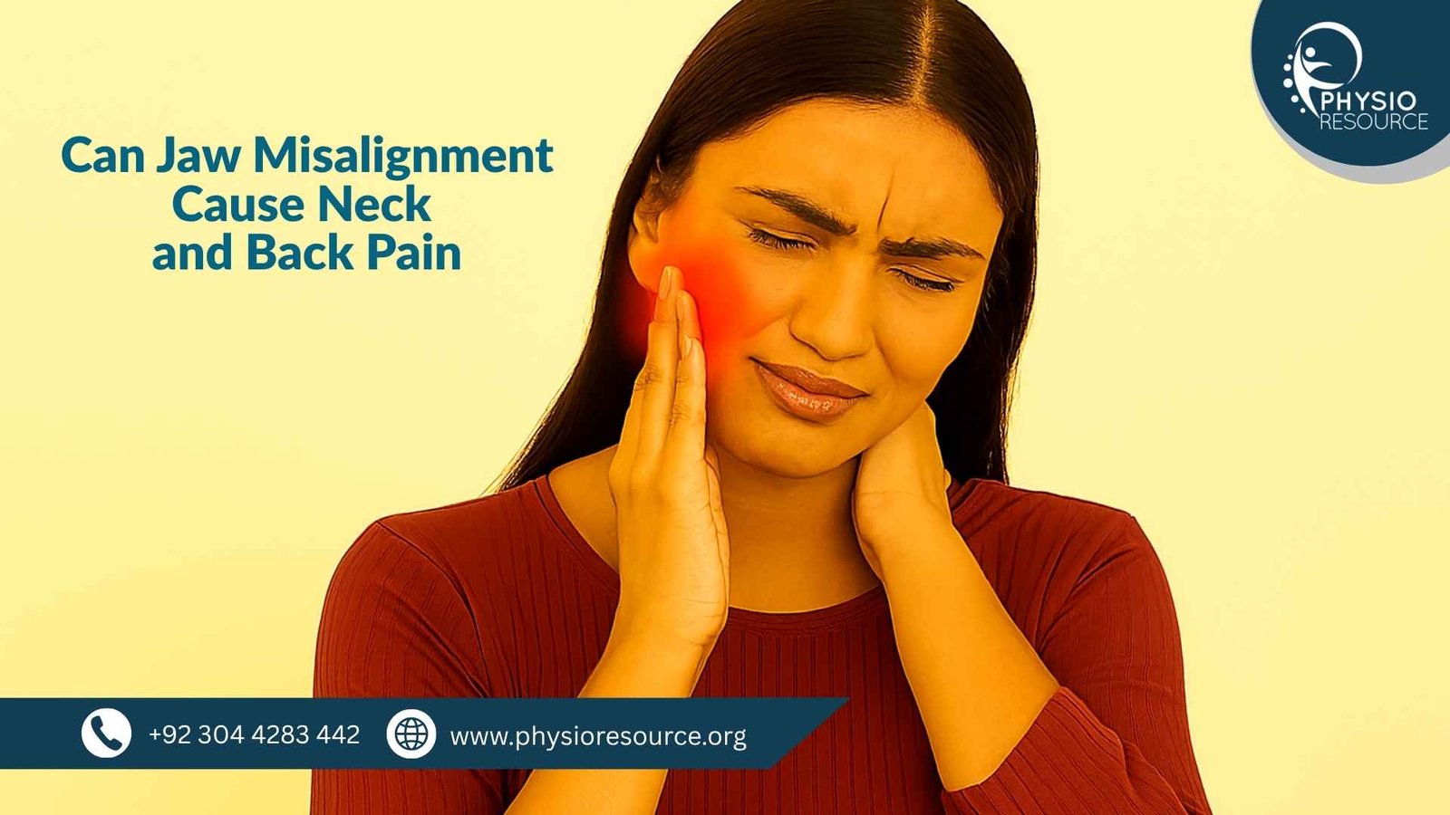 Pakistani woman pressing her jaw and neck with a pained expression. A red glow highlights discomfort in both areas, suggesting jaw misalignment linked to neck and back pain.