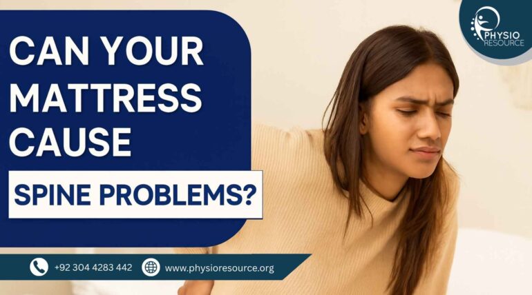 Young South Asian woman sitting on a bed with visible lower back discomfort, paired with bold text asking “Can Your Mattress Cause Spine Problems?”