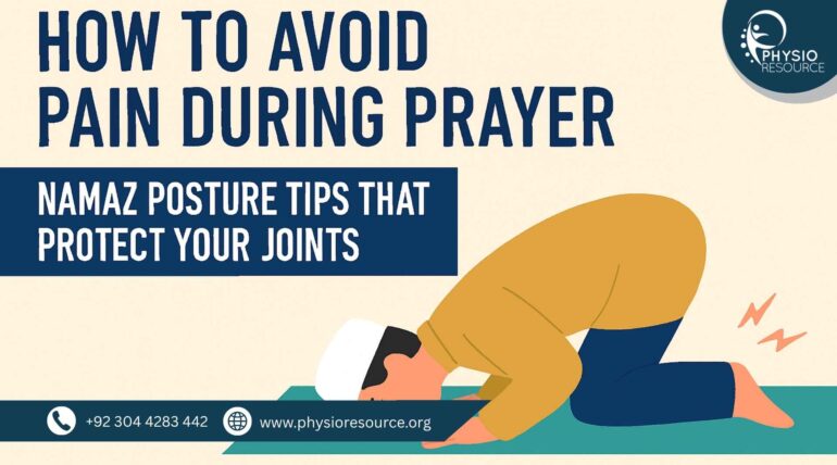 Pakistani Muslim man performing sajdah on a teal prayer mat, showing correct Namaz posture to protect joints, with red pain indicators near knees.