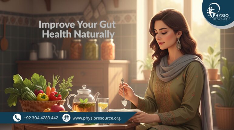 Pakistani woman seated at a kitchen table, enjoying a healthy meal with fresh vegetables, fruits, and herbal tea. The setting is warm and culturally authentic, promoting natural gut health through diet and lifestyle.