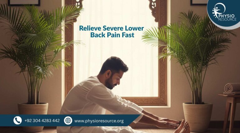 Pakistani male seated on a yoga mat in a warmly lit room, stretching forward with legs extended to relieve lower back pain. The setting includes potted plants, a wooden window, and a floral sofa, creating a calm and culturally authentic indoor environment.