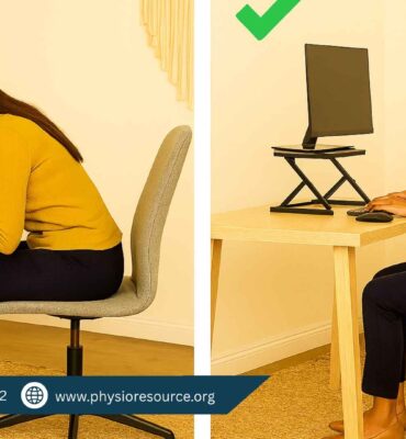 Split-screen visuals showing a Pakistani woman demonstrating poor and corrected posture while working at a home office desk. Mistakes include slouching, low laptop placement, and unsupported feet; corrections show upright posture, elevated screen, and ergonomic setup.