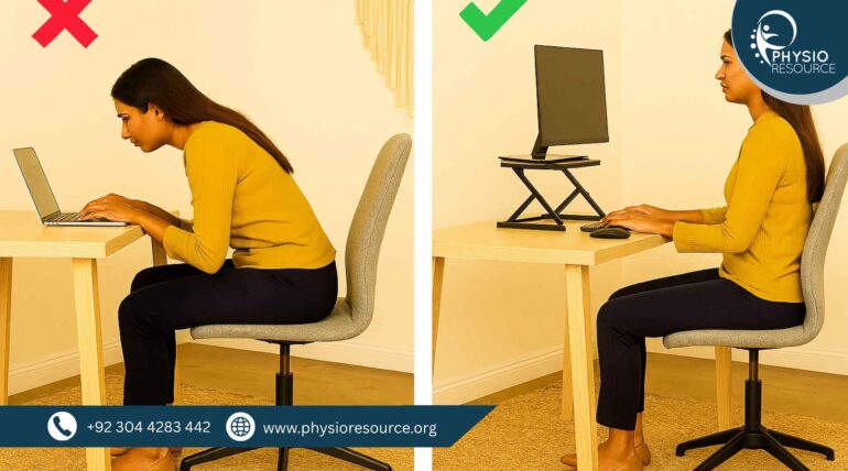 Split-screen visuals showing a Pakistani woman demonstrating poor and corrected posture while working at a home office desk. Mistakes include slouching, low laptop placement, and unsupported feet; corrections show upright posture, elevated screen, and ergonomic setup.