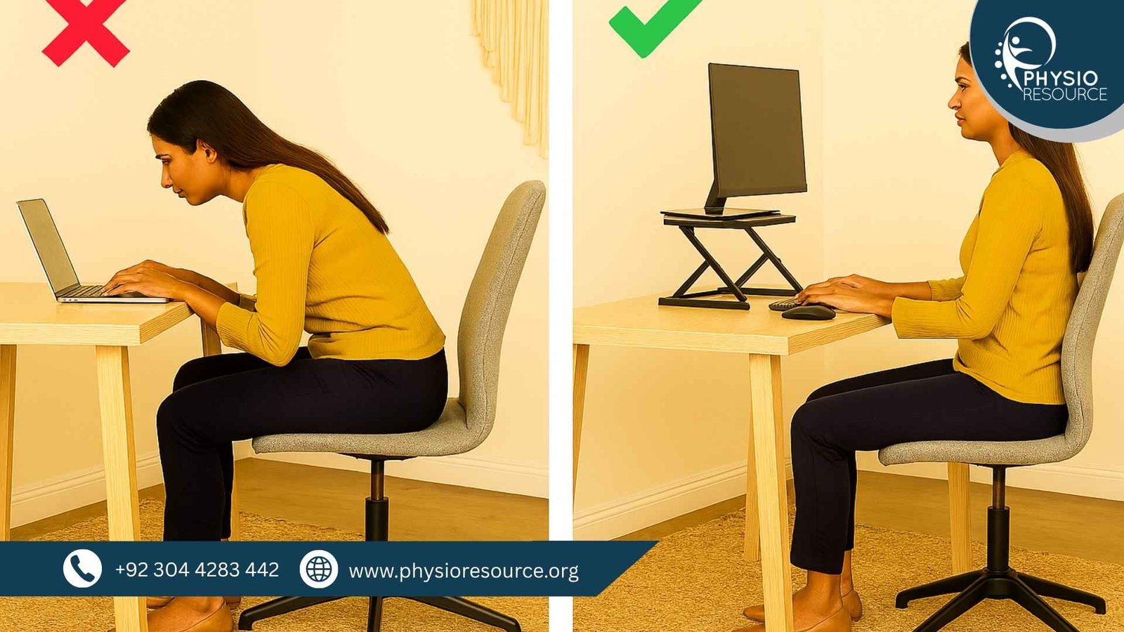 Split-screen visuals showing a Pakistani woman demonstrating poor and corrected posture while working at a home office desk. Mistakes include slouching, low laptop placement, and unsupported feet; corrections show upright posture, elevated screen, and ergonomic setup.