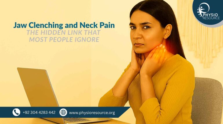 Pakistani woman seated indoors, pressing one hand to her jaw and the other to her neck, expressing discomfort. A subtle glow highlights the tension between jaw and neck, suggesting a hidden pain connection.