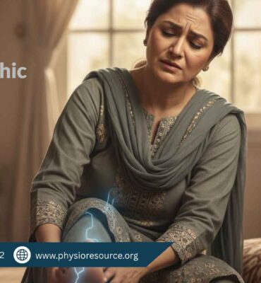 Pakistani woman seated indoors, gently pressing her leg with a pained expression. A glowing blue nerve illustration overlays her leg, visually representing neuropathic pain. The setting is warm and culturally authentic.