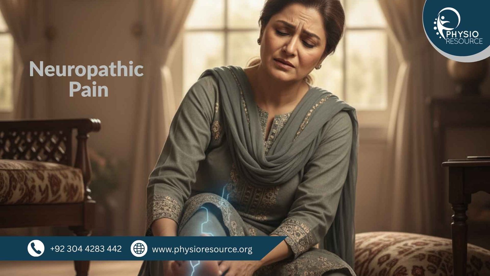 Pakistani woman seated indoors, gently pressing her leg with a pained expression. A glowing blue nerve illustration overlays her leg, visually representing neuropathic pain. The setting is warm and culturally authentic.