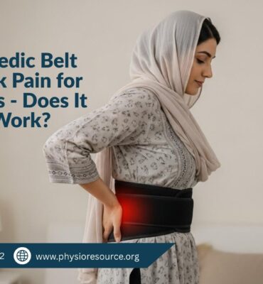 Pakistani woman standing in a bedroom, wearing a traditional outfit and an orthopedic belt around her lower back. She gently presses her lower back with one hand, indicating discomfort. The room includes a bed, lamp, and soft lighting.